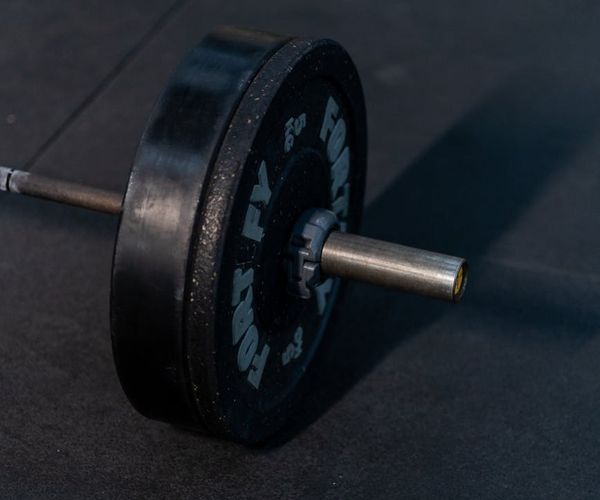Professional gym interior with heavy barbells and plates